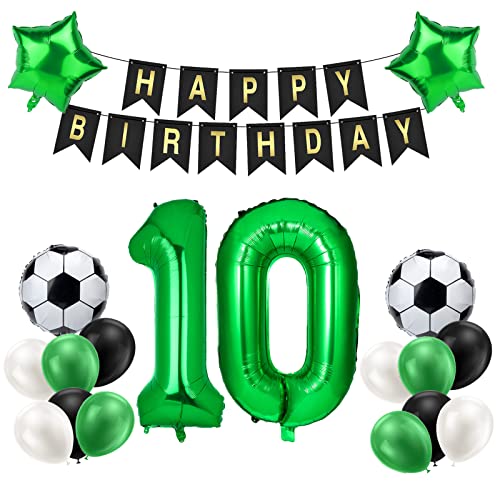 Creaher Fußball Luftballon 10 Jahre Geburtstag, Grün 10. Geburtstagsdeko Jungen, Fußball 10 Geburtstag Deko, Happy Birthday Banner 18'' Stern Ballons für Kinder Fußball Party Deko von Creaher