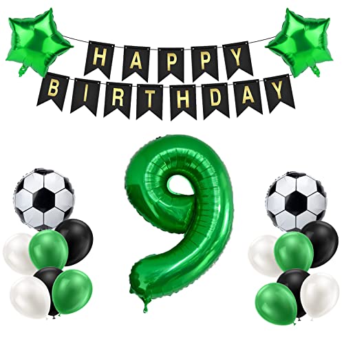 Creaher Fußball Luftballon 9 Jahre Geburtstag, Grün 9. Geburtstagsdeko Jungen, Fußball 9 Geburtstag Deko, Happy Birthday Banner 18'' Stern Ballons für Kinder Fußball Party Deko von Creaher