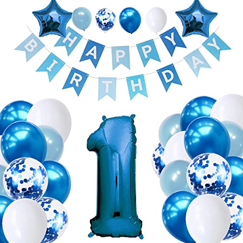 Jungen 1. Geburtstag Dekorationen Kit Blau Party Dekoration Set Alter 1 Geburtstag Luftballons mit Happy Birthday Banner Stern Folienballons für Mädchen Jungen Kind Geburtstag Babyparty Party Supplies von Creaher