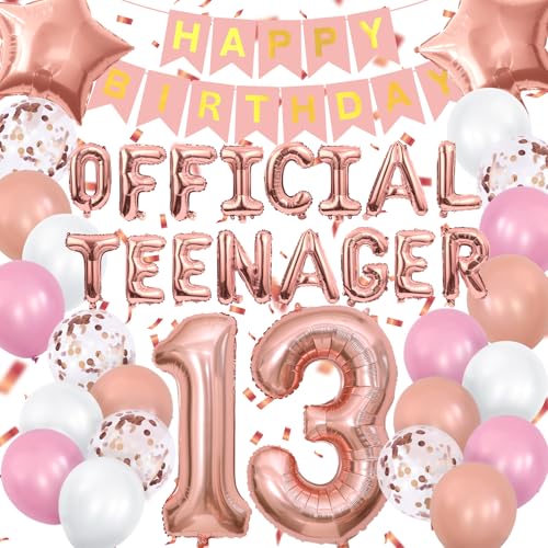 Luftballons zum 13. Geburtstag, Offizielle Teenager 13 Geburtstag Dekorationen Roségold für Jungen Mädchen Happy Birthday Banner mit Nummer 13 Stern Folienballons Konfetti Folienballons für Kinder von Creaher