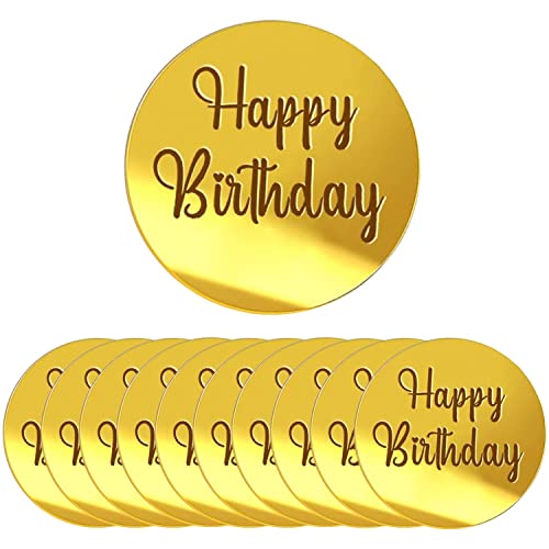 Crethinkaty 10 Stück Happy Birthday Acryl Cupcake Topper Runde Spiegel Gravur Cake Topper Cupcake Dekorationen für Geburtstag Party (Gold) von Crethinkaty