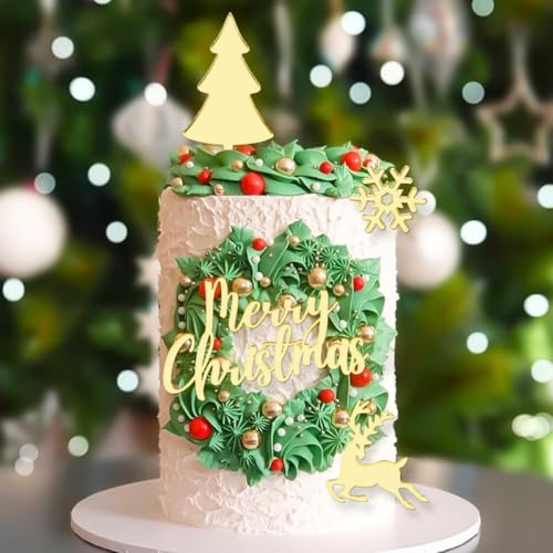 Crethinkaty Flying Deer Christmas Tree Snowflake Merry Christmas Acrylic Cupcake Toppers Cake Topper Glitter Gold Acrylic Cake Decorations for Christmas Party von Crethinkaty