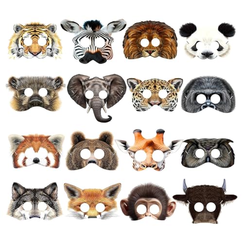 16 Stück Tier-Papier-Party-Masken Wildtiermasken Realistische Tier-Papier-Gesichtsmasken Leopardengesicht Kinder Cosplay Augenmaske für Jungen Mädchen Männer Frauen Geburtstage Pretend Play Party von Cretvestsar