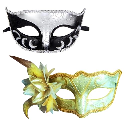 2 Stück Maskerade Masken Set Mardi Gras Maske Gold Karneval Maske Abschlussball Karneval Gesichtsbedeckung Masken Fancy Schwarz Halloween Kostüm Gras Maske für Paare Damen und Herren von Cretvestsar