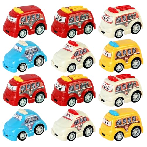 Cretvestsar 12 Pack Mini Rückziehautos Spielzeugautos Cartoon Trägheitsspielzeug Lastwagen Bauautos Geschenk für Jungen Mädchen Geburtstag Strand Pool Aktivität Partygeschenke (Transportfahrzeug) von Cretvestsar