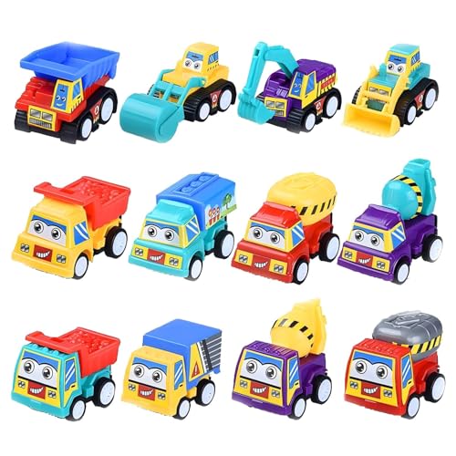 Cretvestsar 12 Pack Mini Rückziehautos Spielzeugautos Cartoon Trägheitsspielzeug Lastwagen Bauautos Geschenk für Jungen Mädchen Geburtstag Strand Pool Aktivität Partygeschenke (Ingenieurfahrzeug) von Cretvestsar