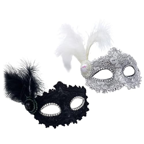 Maskerade Maske 2 Stück Weiß Karneval Party Maske Schwarz Lasergeschnittene Halloween Maske Karneval Halbgesichtsmaske mit Feder Mysteriöse venezianische Cosplay Augenmaske für Paare Frauen Männer von Cretvestsar