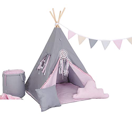 Kinder Teepee Tipi Set für Kinder Spielzeug drinnen draußen Spielzelt Zelt Indianer Indianertipi mit Fenster mit Zubehör und ohne NEU (mit 8 Elementen, Grauer Hase) von Cristal