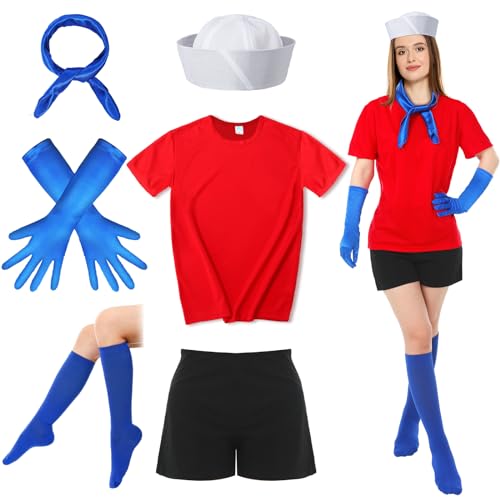 Croknit 6-teiliges Halloween-Kostüm-Set mit T-Shirt, Halstuch, Matrosenmütze, Satin-Handschuhe, Socken, Shorts für Damen und Herren (Größe S) von Croknit