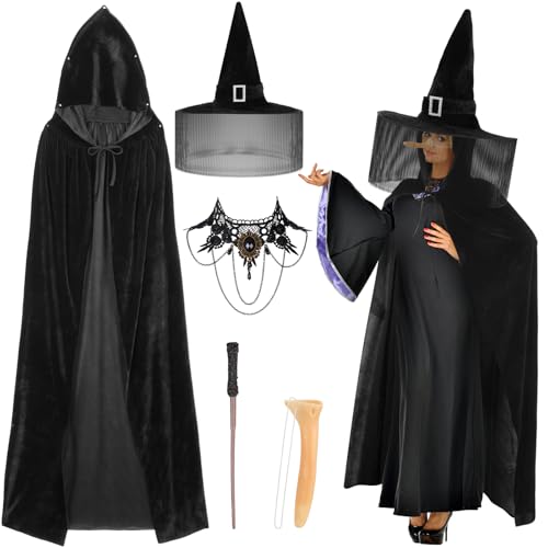 Croknit Halloween-Hexen-Cosplay-Kostüm für Damen, Zauberer-Umhang mit Hut, Hexennase, Hexenhut, Halskette, Zauberstab, für Halloween-Partyzubehör, Schwarz, Schwarz, about 66.93 inches von Croknit