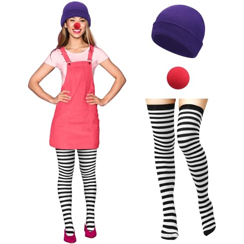 Croloose 3 Stück Halloween-Kostüm, Hut, Strümpfe, rote Clownsnase, gestreift, Oberschenkelhohe Socken, Clownshut, Mime-Kostüm, Damen für Halloween, Cosplay von Croloose