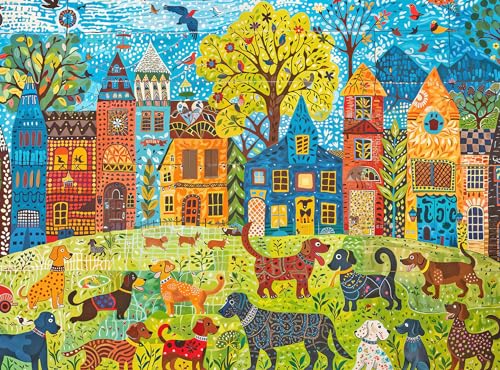 Cross & Glory Bunte Hunde-Puzzle, 1000-teiliges Puzzle im Volkskunst-Stil, lebendige Stadtszene mit verspielten Welpen, perfekt für Hundeliebhaber von Cross & Glory