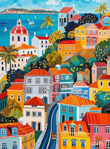 Vibrant Vistas of Lisbon - 1000-teiliges Puzzle, Volkskunst-Stil, umweltfreundliches Lissabon-Stadtbild, hell, bunt, nachhaltig, familienfreundliches Spiel Cross & Glory von Cross & Glory