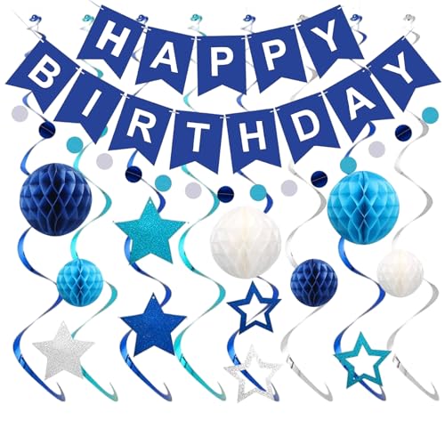 1 Set blaue Geburtstagsdekoration, marineblaue Happy Birthday Banner Quaste mit Seidenpapier Pompons, Kreis Punkt Girlande Dekroationen für Jungen Mann Frauen Enfant von Crrynuo