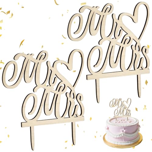 2 Stück Cake Topper Tortendeko Hochzeit, Mr & Mrs Herzförmige Torte Topper aus Holz Hochzeitstorte Deko Tortenstecker Tischdeko Tortendeckel für Hochzeit Jubiläum Verlobung Antrag Hochzeit Party von Crrynuo