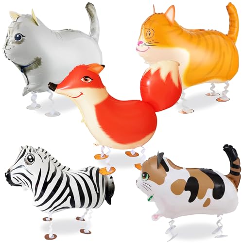 5 Stücke Walking Tier Folienballons, Gehen Katze, Fuchs Airwalker Zebrafolieballon Tiere Heliumballons set für Katzen Luftballons Kinder Geburtstag Dschungelparty Dekoration Geschenk von Crrynuo