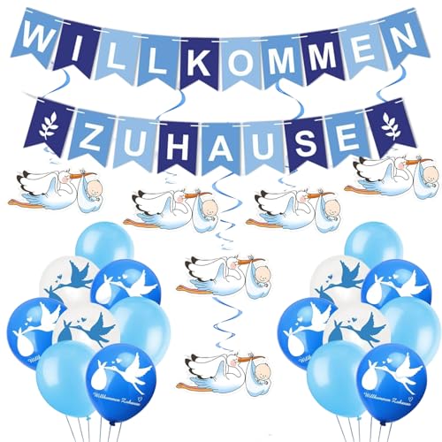 Willkommen Zuhause Welcome Home Baby, 1 Satz Babyparty Deko Junge, Vormontiert Herzlich Willkommen Girlande,mit 6 Stück Storch zur Geburt,Dekoration für Baby- & Kleinkinderzimmer Home von Crrynuo