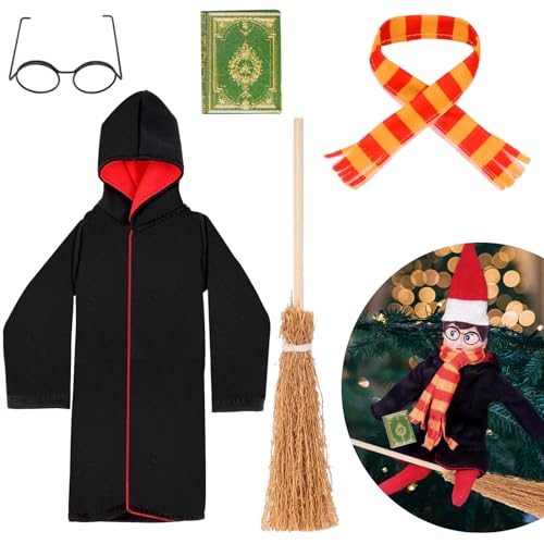 Weihnachten Elf Puppe Kostüm Zubehör 5 Stück, mit Hexenkleid, Brille, Schal, Besen, Mini-Bücher, Wichtel Kleidung, Weihnachtenelfen Puppen Zubehör, Elfenpuppe Mini Kostüm Zubehör von Crunier