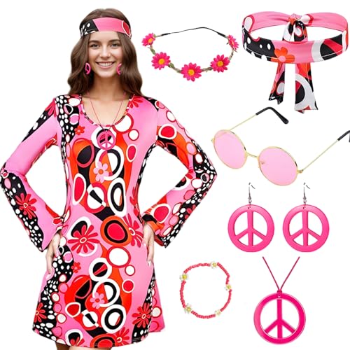 Crusward 60er 70er Hippie Kostüm Damen Set Mit Hippie Kleid Und Hippie Accessoires, 70er 60er Jahre Outfit Damen Flower Power Disco Faschingskostüme Hippie Für Karneval Cosplay (Rosa, L) von Crusward