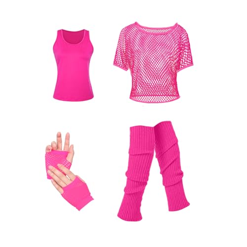 Crusward 80er Jahre Kostüm für Damen Mädchen Frauen 80er Jahre Neon Fischnetz Mesh Top Tank Top Beinwärmer Fischnetz Handschuhe Ohrringe Halskette 80er Jahre Party Kostüm Outfits mit Zubehör von Crusward