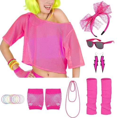 Crusward 80er Jahre Kostüm für Frauen Mädchen Damen 80er Jahre Fischnetz Top Stirnband Brille Ohrringe Halskette Handschuhe Beinwärmer 80er Jahre Party Kostüm Outfits mit Zubehör Set von Crusward