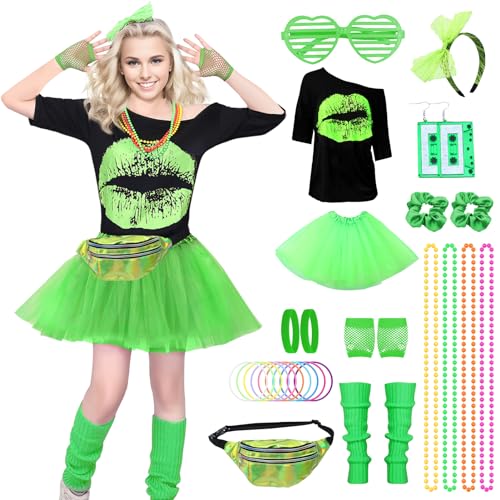 Crusward 90er 80er Jahre Outfit Damen, 80er Jahre Outfit Set mit T-Shirt, Tutu, Gürteltasche, 80er Neon Accessoires 80er Jahre Kleidung Kostüm Neon Party Karneval Outfit Damen (Grün, L) von Crusward