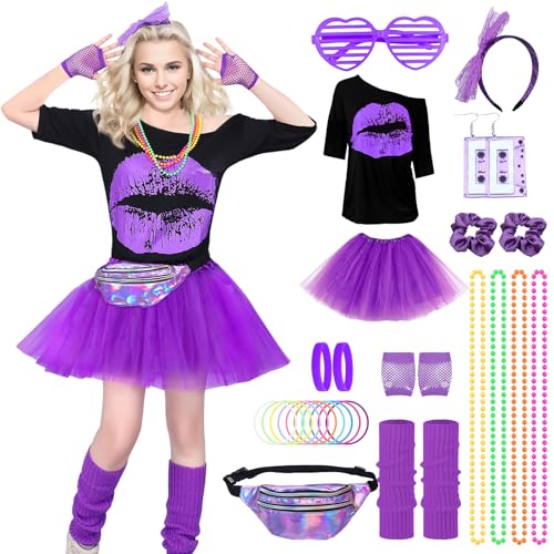 Crusward 90er 80er Jahre Outfit Damen, 80er Jahre Outfit Set mit T-Shirt, Tutu, Gürteltasche, 80er Neon Accessoires 80er Jahre Kleidung Kostüm Neon Party Karneval Outfit Damen (Lila, L) von Crusward