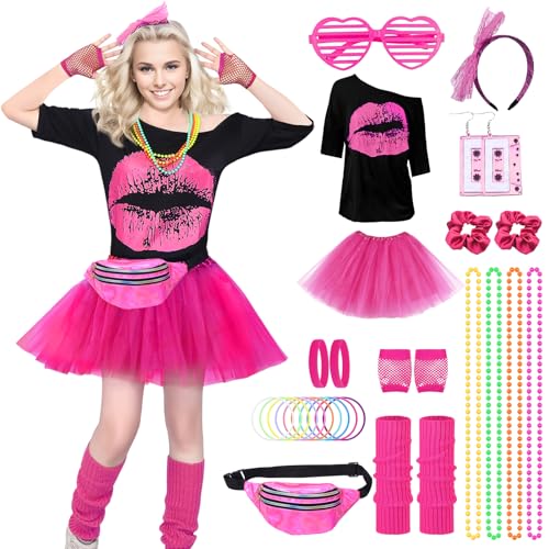 Crusward 90er 80er Jahre Outfit Damen, 80er Jahre Outfit Set mit T-Shirt, Tutu, Gürteltasche, 80er Neon Accessoires 80er Jahre Kleidung Kostüm Neon Party Karneval Outfit Damen (Rosa, M) von Crusward