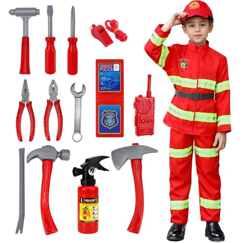 Crusward Feuerwehrkostüm Kinder, Set Kostüm Feuerwehrmann Kinder mit Feuerlöscher Feuerwehrhelm Feuerwehrspielzeug Accessoires Kostüm Feuerwehr Kinder Cosplay für Karneval Halloween (110) von Crusward