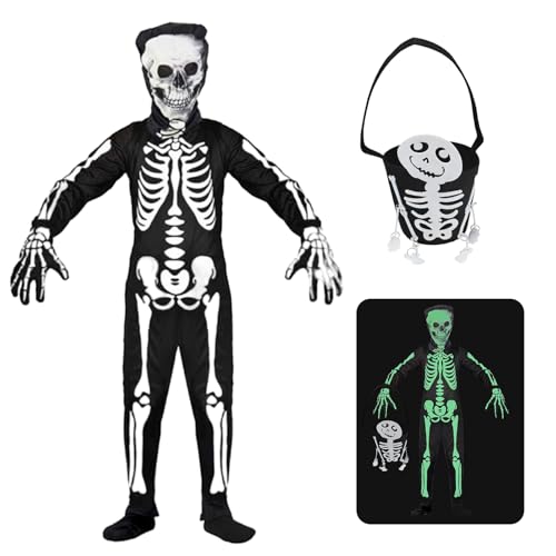 Crusward Halloween Kostüm Skelett Kinder, Skeleton Costume Kinder Set mit Halloween Tasche Skelett, Skelettkostüm für Halloween Karneval Cosplay Fancy Dress Up (M) von Crusward