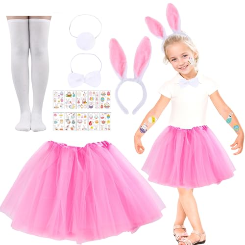 Crusward Hasenkostüm Kinder, Set Osterhasen Kostüm Kinder mit Rosa Tutu Hasenohren Schleife Schwanz Osteraufkleber Socken Osterhasenkostüm Mädchen Häschenkostüm Cosplay Kostüm von Crusward