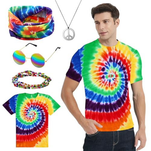 Crusward Hippie Kostüm Herren Damen, 60er 70er 70er jahre kostüm herren mit buntes T-Shirt, Gläser, Stirnband, Halskette, Armband hippie kostüm Damen Herren für Karneval Fasching (L) von Crusward