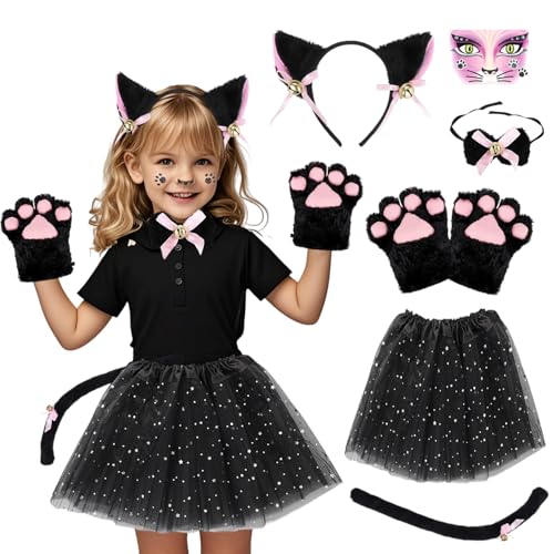 Crusward Katzenkostüm Mädchen, Set KatzenKostüm Kinder mit Tutu, Katzenohren Haarreif, Schwanz, Katzenkrallen Handschuhe, Fliege, Aufkleber, katzenkostüm mädchen für Karneval, Halloween (Schwarz) von Crusward