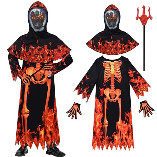 Crusward Kinder kostüm Teufel Skelett, Sensenmann Kostüm für Kinder Set mit Schädelmaske, Dreizack Teufel, Handschuhen, Skelett Cosplay Kostüm für Halloween Karneval (L) von Crusward