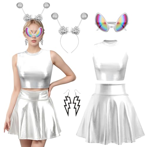 Crusward Kostüm Alien Damen, Silber Weltall Alien Kostüm Damen Set mit Rock Silber Metallic, Alien Brille, Haarreif Alien, Alien Kostüm Erwachsene Cosplay für Karneval Halloween (XL) von Crusward