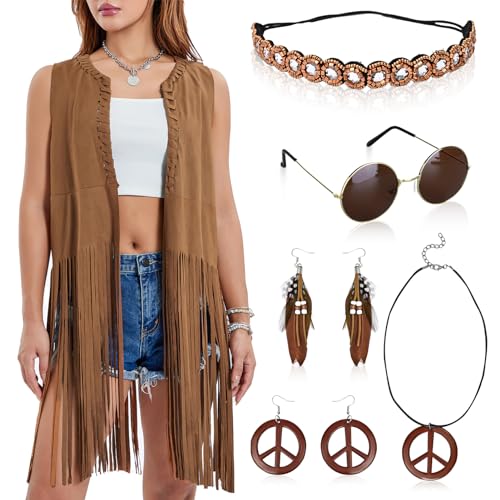 Crusward Kostüm Hippie Damen, 60er 70er Jahre Bekleidung Damen Fransen ärmellos Weste Kleidung Hippie Kostüm Set mit Hippie Accessoires Damen für Karneval Faschingskostüme (Braun, L) von Crusward