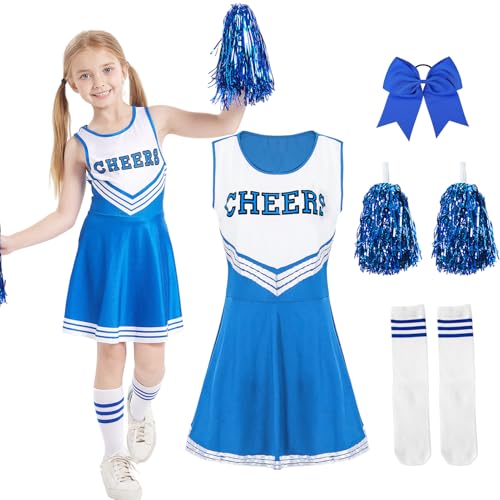 Crusward Kostüm Mädchen Cheerleader, Cheerleader Kostüm Kinder Set mit Pompons Cheerleader, Cheerleader Socken, Cheerleader Schleife Kostüm Cosplay Cheerleader für Karneval Halloween (Blau, 110) von Crusward