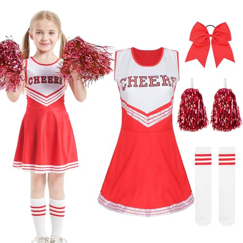 Crusward Kostüm Mädchen Cheerleader, Cheerleader Kostüm Kinder Set mit Pompons Cheerleader, Cheerleader Socken, Cheerleader Schleife Kostüm Cosplay Cheerleader für Karneval Halloween (Rot, 110) von Crusward