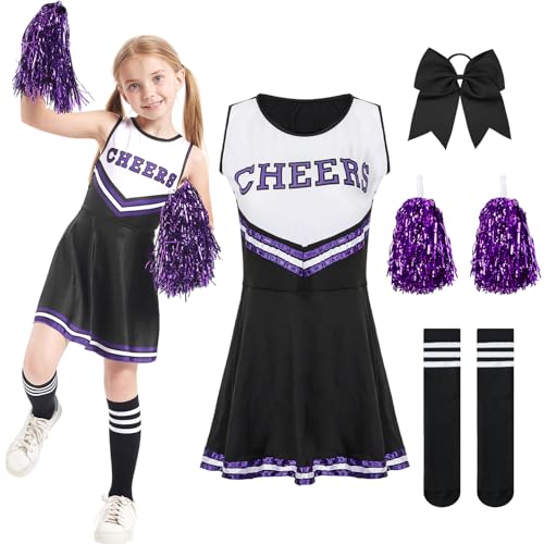 Crusward Kostüm Mädchen Cheerleader, Cheerleader Kostüm Kinder Set mit Pompons Cheerleader, Cheerleader Socken, Cheerleader Schleife Kostüm Cosplay Cheerleader für Karneval Halloween (Schwarz, 120) von Crusward