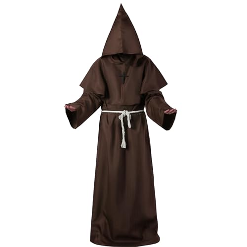 Crusward Mönch Kostüm Herren Kinder, Halloween Kostüm Mönch Set mit Mönch Robe, Kreuz-Halskette, Handschuhe, Kordel Monk Priester Costume Cosplay für Halloween, Karneval (Erwachsener (braun), L) von Crusward