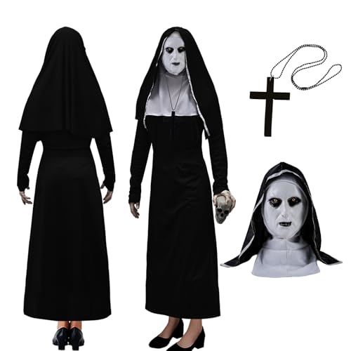 Crusward Nonnen Kostüm Damen Halloween, Horror Nonne Kostüm Set mit Nonnen Kopfbedeckung Halsketten Masken Horror Nonne Kostüm für Cosplay Halloween Karneval (L) von Crusward