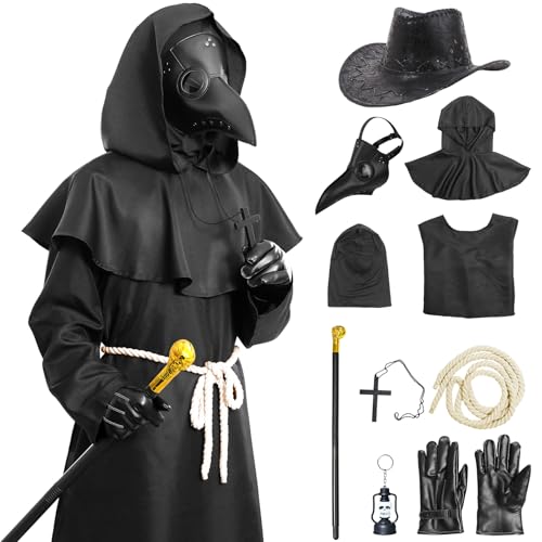 Crusward Pest Doktor Kostüm Herren, Pestarzt Kostüm Set mit Maske Leder Plague Hat Spazierstock Halloween Kostüm Pestdoktor Cosplay für Halloween, Karneval (Schwarz2, L) von Crusward