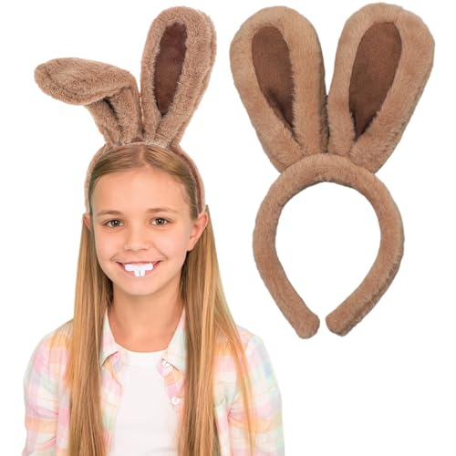 Crusward Plüsch Hasenohren Haarreif, Hasen Ohren Haarreif Kinder Erwachsene mit Kaninchen Gebisse Verkleiden Sich Hasen Ohren Haarreif für Ostern Geburtstag Fasching Cosplay (Braun) von Crusward