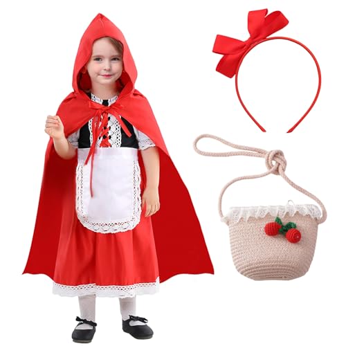 Crusward Rotkäppchen Kostüm Kinder, Rotkäppchen Kostüm Mädchen Set mit Rotkäppchen Umhang, Rotkäppchen Kleid, Rotkäppchen Korb, Haarreif, Faschingskostüme Rotkäppchen Mädchen (110) von Crusward