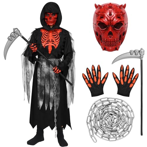 Crusward Sensenmann Skelett Kostüm Kinder, Grim Reaper Halloween Kostüme Set mit Sense Schädelmaske SchädeHandschuhe Sensenmann Kostüm für Halloween Karneval Party (L) von Crusward