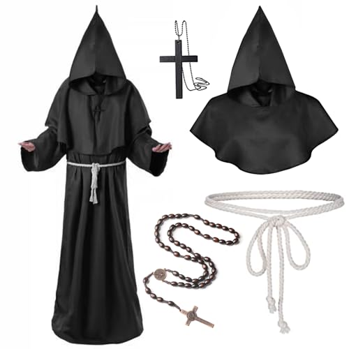 Mönch Kostüm Herren Kinder, Halloween Kostüm Mönch Set mit Mönch Robe, Kreuz-Halskette, Handschuhe, Kordel Monk Priester Costume Cosplay für Halloween, Karneval (Erwachsener (schwarz), L) von Crusward