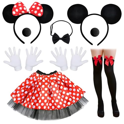 Crzyplea Mouse Faschingskostüme Damen Mit Weiß Gepunktet Pailletten Haarreifen+Faltenrock+Overknee Strümpfe+Handschuhe Für Kostümparty, Fasching, Karneval Party (M) von Crzyplea