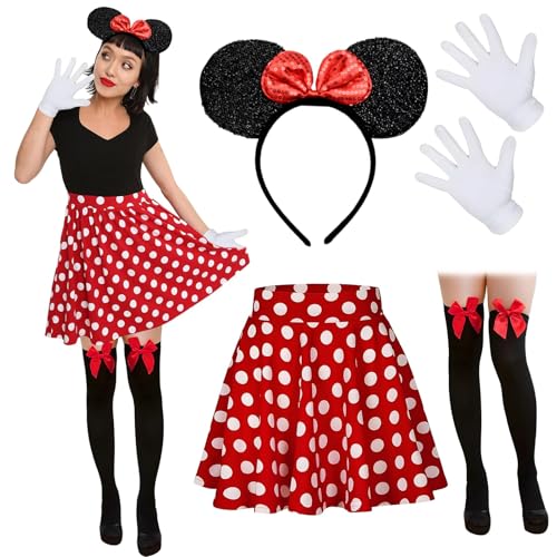 Crzyplea Mouse Faschingskostüme Damen Mit Weiß Gepunktet Pailletten Haarreifen+Faltenrock+Overknee Strümpfe+Handschuhe Für Kostümparty, Fasching, Karneval Party (S) von Crzyplea