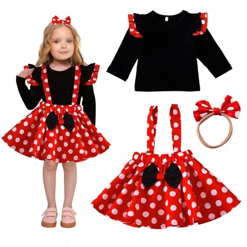 Crzyplea Mouse Kleinkind Kleid Kostüm Mit Mouse Ohren Haarreifen Mädchen Rote Gepunktet Tütü Prinzessin Kleid Hosenträger Rock Bekleidungsset Für Kostümparty, Fasching, Karneval Party (2-3 Jahre) von Crzyplea