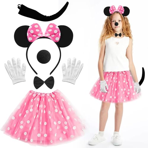 Crzyplea Mouse Kostüm Damen Mädchen,Rosa Tutu mit Mouse Ohren Haarreifen+Handschuhe+Nase+Schwanz+Fliege,Rosa Tutu mit Weiß Gepunktet,für Kostümparty,Fasching Karneval Halloween Cosply Party von Crzyplea